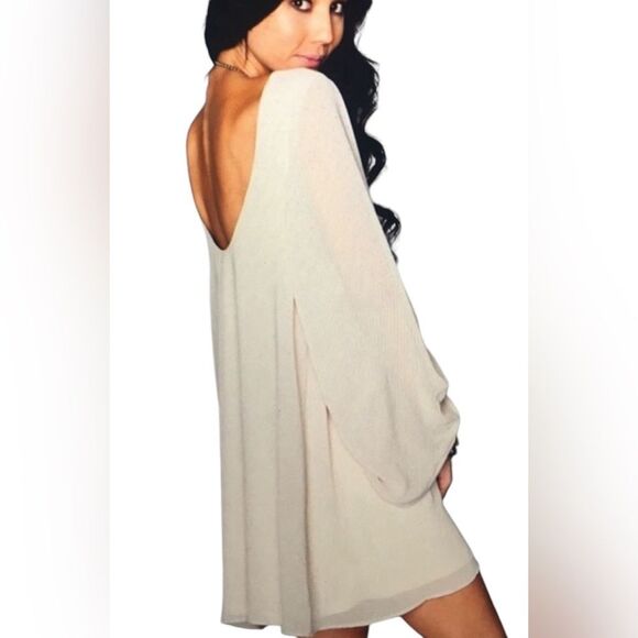 show me your mumu bombshell dress tan cream chiffon open back flowy sz. Large - Picture 1 of 8